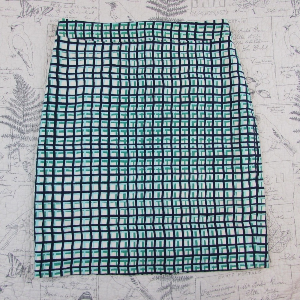 Kate Spade Judy Check Pencil Skirt Green Navy Stretch - Picture 3 of 6